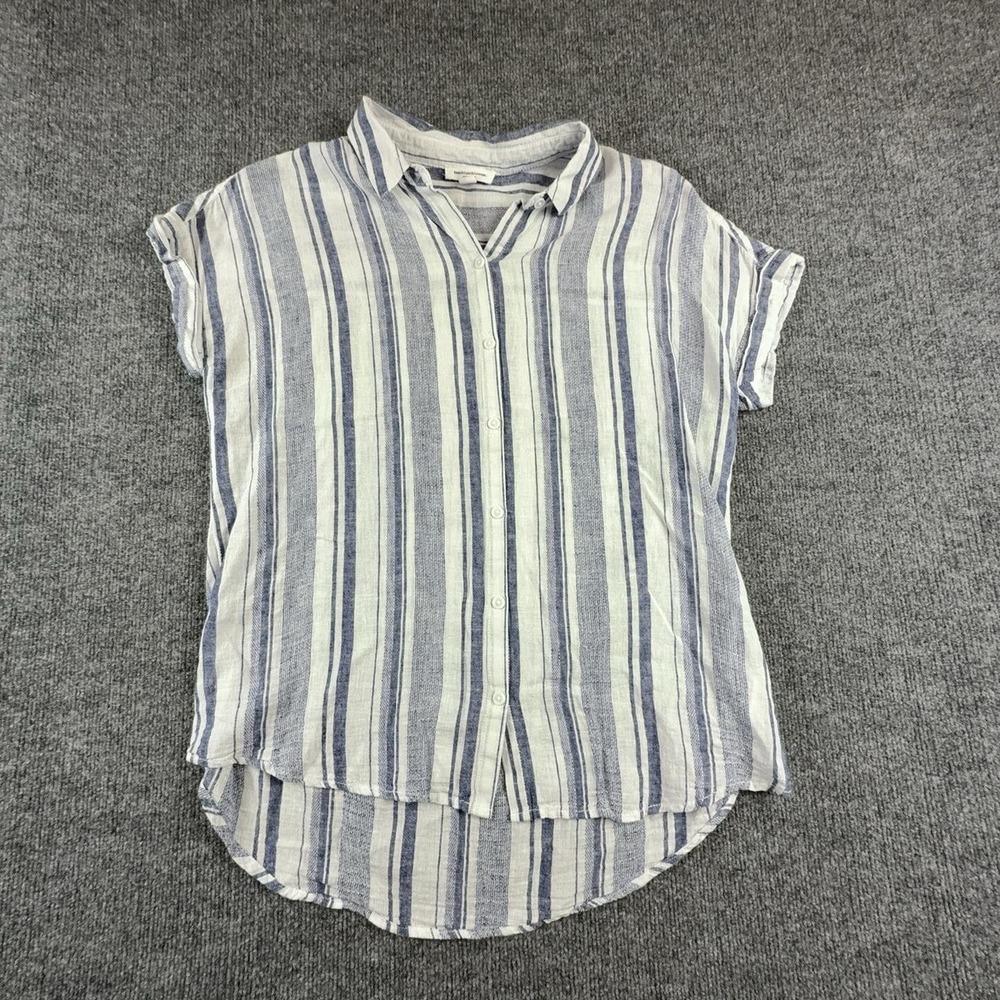 Beachlunchlounge Shirt Womens Medium White Blue Striped Linen Button Tunic Top